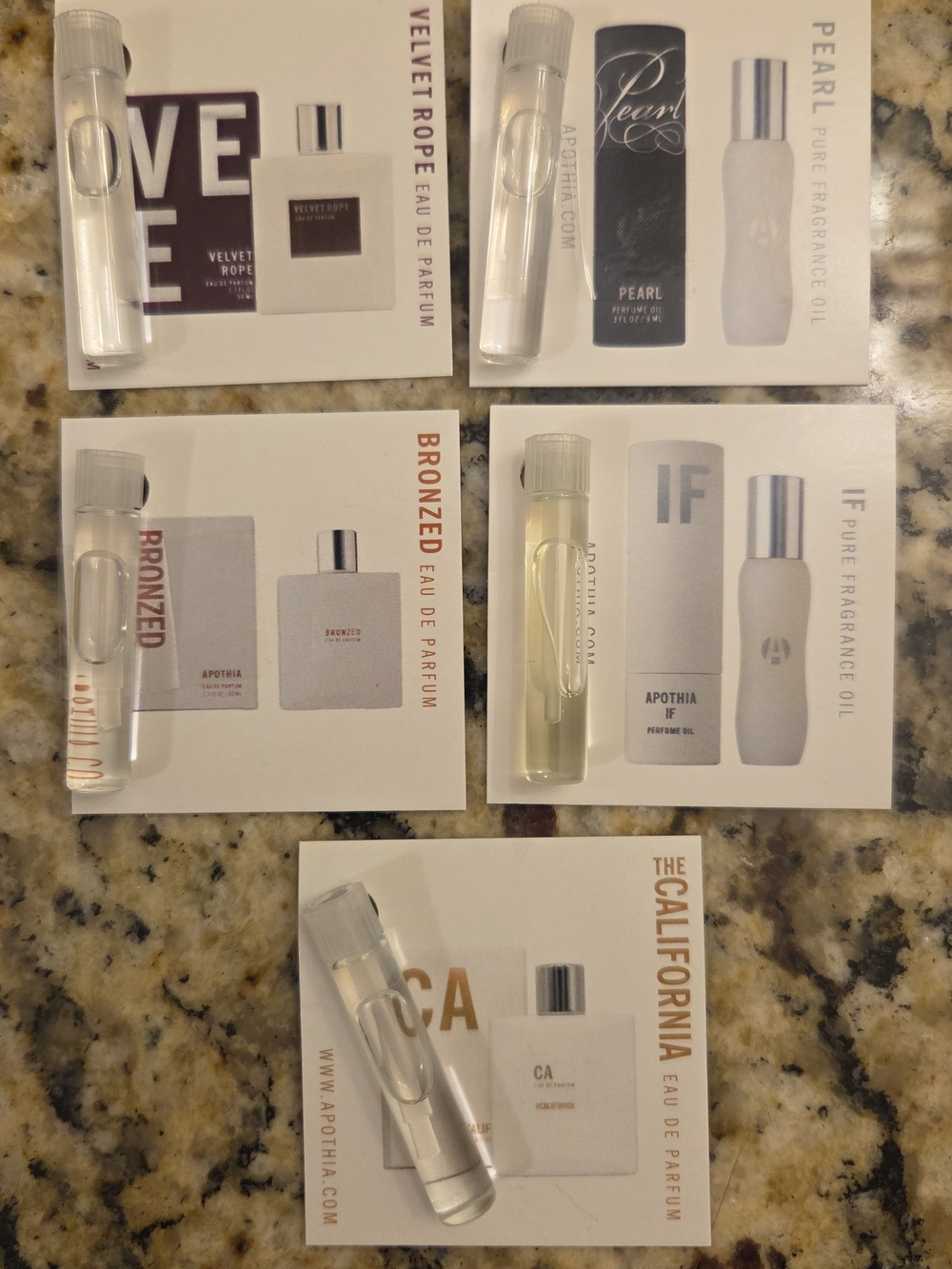 Apothia Perfume Oils discovery set - Velvet Rope, Pearl, Bronzed, IF, California